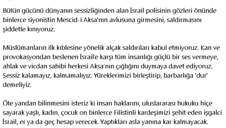 İsrail Polisinin Mescid-i Aksa’ya Saldırısını Kınıyoruz